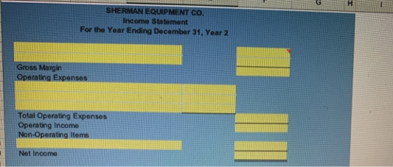LE SHERMAN EQUIPMENT CO. Income Statement For the Year Ending December 31, Year 2 Gross Margin Operating Expenses Total Opera