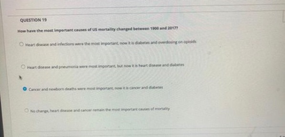 QUESTION 19 How have the most important causes of us mortality changed between Heart disease and infections were the most imp