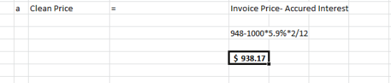 a Clean Price Invoice Price- Accured Interest 948-1000*5.9%*2/12 $938.17