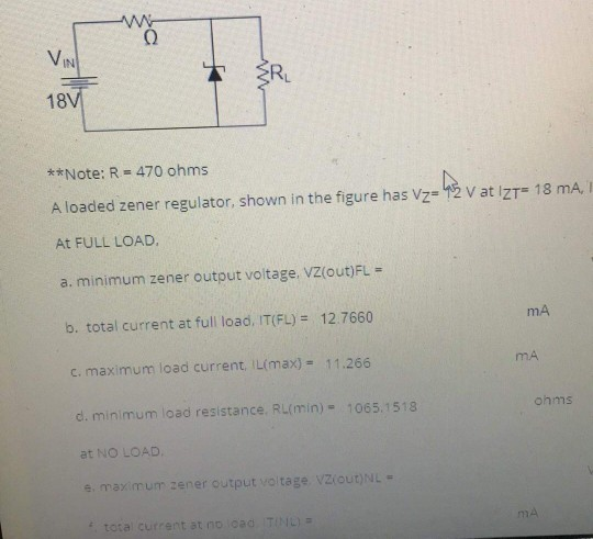mo VIN + SRL 187 **Note: R = 470 ohms A loaded zener regulator, shown in the figure has Vz=18 V at Izra 18 mal At FULL LOAD a
