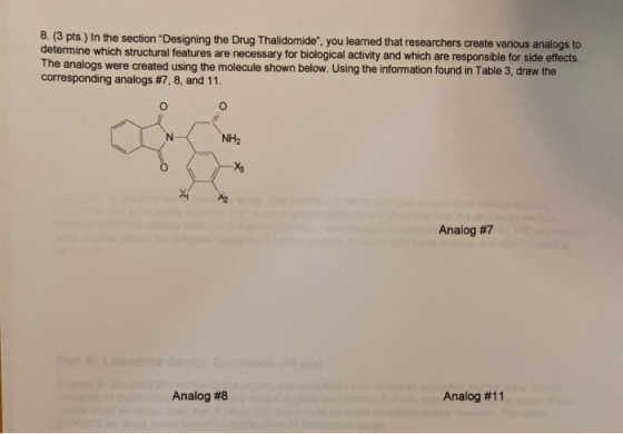 8. (3 pts.) In the section Designing the Drug Thalidomide you learned that researchers create various analogs to determine w