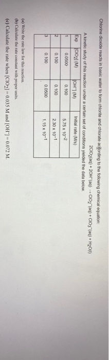 Chlorine dioxide reacts in basic water to form chlorite and chlorate acfording to the following chemical equation 2C102(aq) +