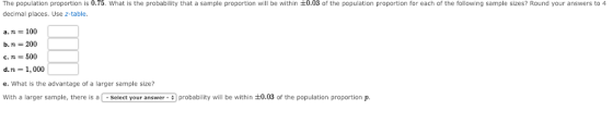 The population proportion is 0.75. What is the probability that a sample proportion will be within 0.03 of the population proportion for each of the following sample sizes? Round your answers to 4 decimal places. Use z-table. a.n-100 b.n-200 c. n 500 d.n 1,000 e. What is the advantage of a larger sample size? With a larger sample, there is a select your answer probability will be within 0.03 of the population proportion p р.