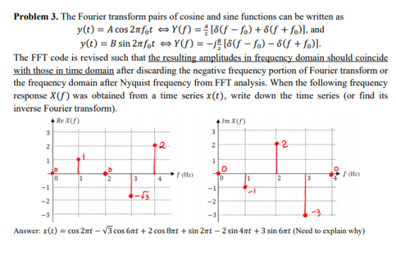 Problem 3. The Fourier transform pairs of cosine and sine functions can be written as y(t) = A cos 2nfot = Y(f) = 4 [86f - fo