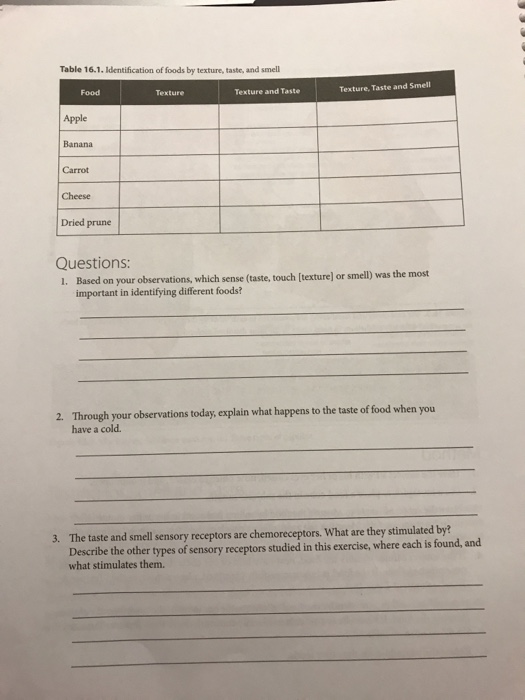 Table 16.1. Identification of foods by texture, taste, and smell Texture, Taste and Smell Texture and Taste Food Texture Appl