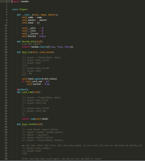 import random class Player: def __init_(self, name, dealer): self.name = name self.dealer = dealer self.hand = [] self. _wins