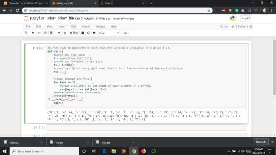 C Character Count Write A Program * Echar_count_ file x chartxt x + - 0 x f = c localhost:8888/notebooks/char_count_file.ipyn