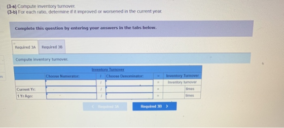 (3-a) Compute inventory turnover. (3-b) For each ratio, determine if it improved or worsened in the current year. Complete th