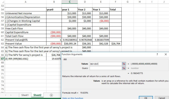 А yearo year 1 Year 2 Year 3 Total 55 Unlevered Net income $13,000 $13,000 $13,000 56 (+) Amortization/Depreciation $30,000 $