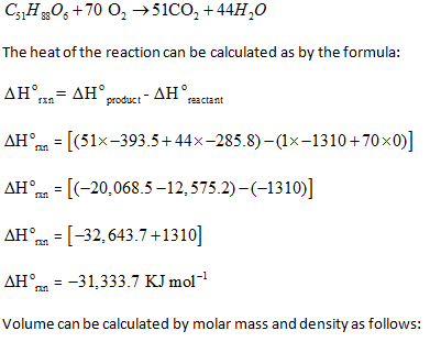 The heat of the reaction can be calculated as by the formula: H1°product- ΔΗ°reactant ДНо [(51x-393.5+44 x-285.8)-(1x-1310 +