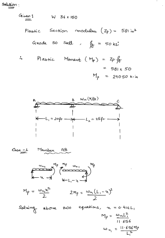Given . W 36 150 Plastic Section nodu0ub Zp)-581- Gxade 50 Skel Plastic Moment (Mp〉-Zp Lou 2 2 Salw above too equations, nc = 0, 414 L 11 656 w - 1-656Mp