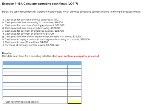 Exercise 4-16A Calculate operating cash flows (LO4-7) Below are cash transactions for Goldman Incorporated, which provides co