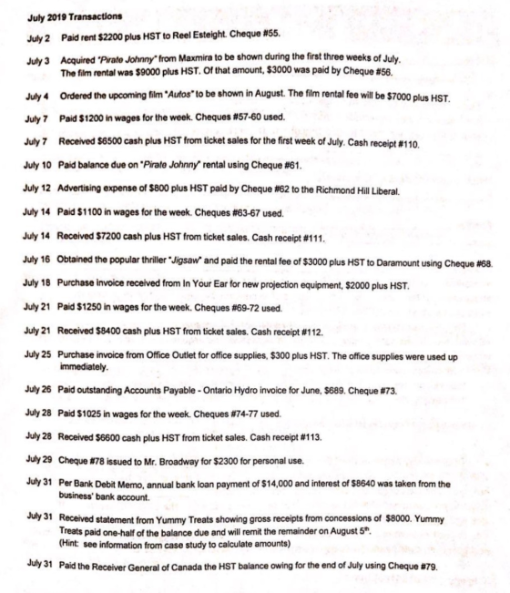 July 2019 Transactions July 2 Paid rent $2200 plus HST to Reel Esteight. Cheque #55. July 3 Acquired Pirate Johnny from Max