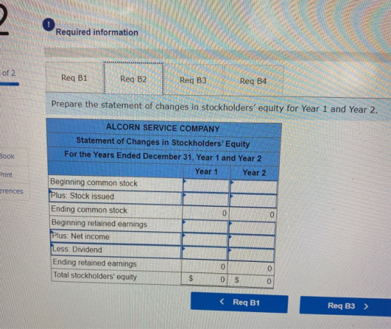 Required information of 2 Req B1 Req B2 Req B3 Reg B4 Prepare the statement of changes in stockholders equity for Year 1 and