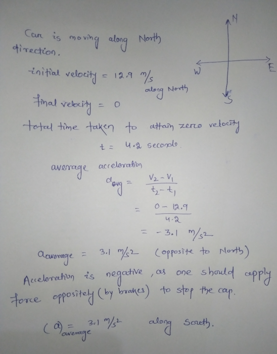 Ccurt is mo vinq alonq N North irectio -initial velocit d 12-9 alonq Noth mal velociO zervo veloci time taken to ct#ai aw 2. t,-t 2 aa encore 3-1 mX2_ (opposite to Accelerehb is neqcchve ,as one shadd csppl rce positeld (Cby brafa) to stp the can alona Srd cwe