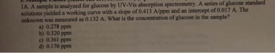 1A. A sample is analyzed for glucose by UV-Vis absorption spectrometry. A series of glucose standard solutions yielded a work