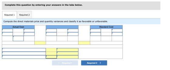 Complete this question by entering your answers in the tabs below. Required 1 Required 2 Compute the direct materials price a
