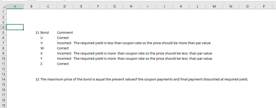 Comment Correct Incorrect The required yield is less than coupon rate so the price should be more than par value Correct Incorrect The required yield is more than coupon rate so the price should be less than par value Incorrect The required yield is more than coupon rate so the price should be less than par value Correct 11 Bond 10 12 13 12 The maximum price of the bond is equal the present valueof the coupon payments and final payment disounted at required yield 15 16 17 18 19