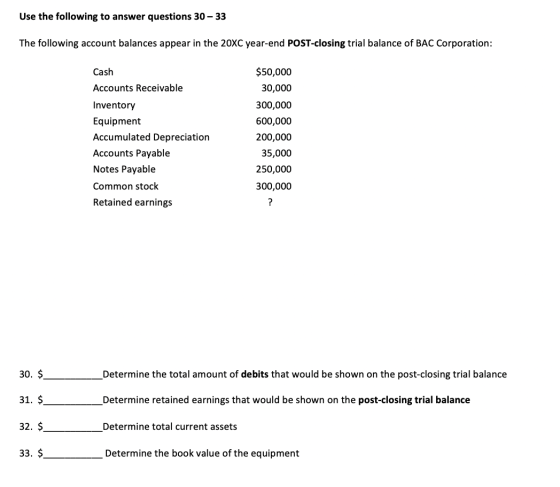 Use the following to answer questions 30 - 33 The following account balances appear in the 20XC year-end POST-closing trial b