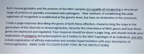 Both Immunoglobulins and the proteins of the MHC complex are.capable of recognizing a very broad range of proteins or peptides associated with pathogens. Their methods of establishing this wide repertoire of recognition is established at the genetic level, but have no similarities in the processes. Create a page response describing the genes of both these effectors, characterizing the steps in the generation of this diversity in Immunoglobulins. Describe the inheritance of MHC genes and how these genes are expressed and regulated. Your response should be about a page long, and should include your explanation of polygeny and polymorphism as it relates to the MHC haplotype of an individual, and also include explanation of affinity maturation and somatic hypermutation with your description of immunoglobulins. MAKE SURE TO COVER EVERY TOPIC IN THE INSTRUCTIONS