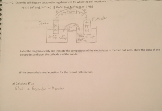 2. Draw the cell diagram (picture) for a galvanic cell for which the cell notation is Pt (s) | Sn (aq), Sn (aq) || Mno. (aq)