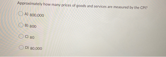 Approximately how many prices of goods and services are measured by the CPI? OA) 800,000 OB) 800 OC) 80 OD) 80,000
