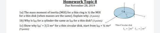 Homework Topic 8 Due November 28, 2019 1a) The mass moment of inertia (MOI) for a thin ring is the MOI for a thin disk (when