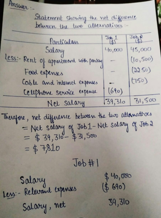 Ansuer Statemnt Shouing th vat digeunes between the tuodaUe. natǐoes ati ulass Salar L$) し10,000 145,000 SS:- Re Feed expensA Coblu and intimel exses Ceuphen servsice espwa (6to) 32 5) t15o) Net Salar 39,3lo 31,Soo Job1-Net Sal Jeb d = $39,318-$3.50 = $7310 Solor Salory, n Job#1 40, 080 6%) met 39,3lo