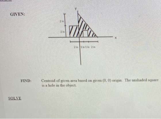 GIVEN: 2 in 210 Х 2 in 1 in 1 in 2 in FIND: Centroid of given area based on given (0.0) origin. The unshaded square is a hole