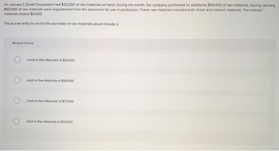 On January 1, Schaf Corporation had $23,000 of raw materials on hand. During the month, the company purchased an additional $