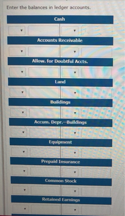 Enter the balances in ledger accounts. Cash Accounts Receivable Allow. for Doubtful Accts. Land Buildings Accum. Depr.- Buildings Equipment Prepaid Insurance Common Stock Retained Earnings