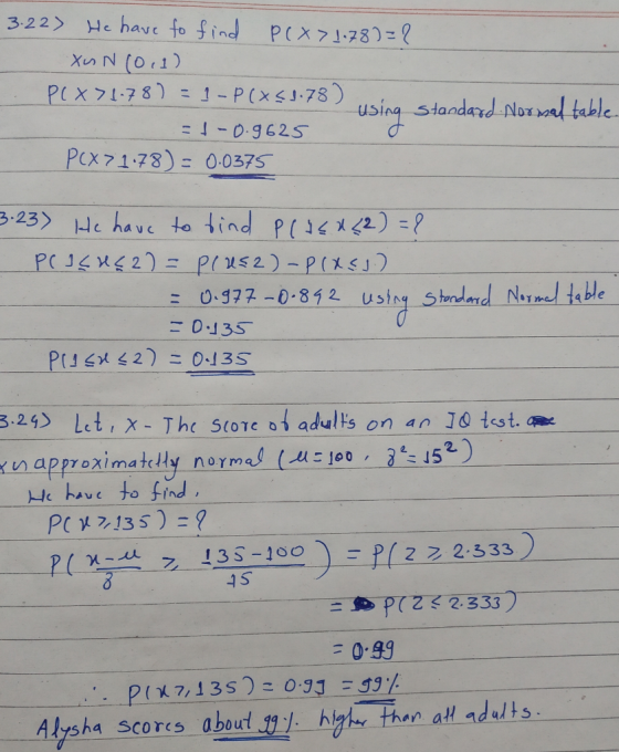 3.2 2 > He have to find p(x > 1.78): using standard Norual table Px71.78)0.0375 e have to ind P(3 = 0577-0.812 using Shandardnimeltable 29) Let , X-The score ot adults on an JO tast. .napproximattly normal (AS 100, 3 52) Je have to ind 13S-100P 2 2:5332 0.91 sha Scores abou