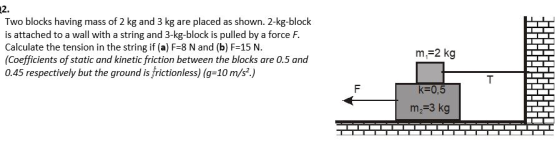 22. Two blocks having mass of 2 kg and 3 kg are placed as shown. 2-kg-block is attached to a wall with a string and 3-kg-bloc