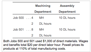 Machining Assembly Department Department Job 500 4 MH 10 DL hours 2 DL hours Job 501 ... 8 10 DL hours 2 DL hours Both Jobs 5