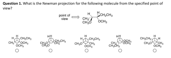 Question 1. What is the Newman projection for the following molecule from the specified point of view? HECH.CH CH3 CH30 OCH3