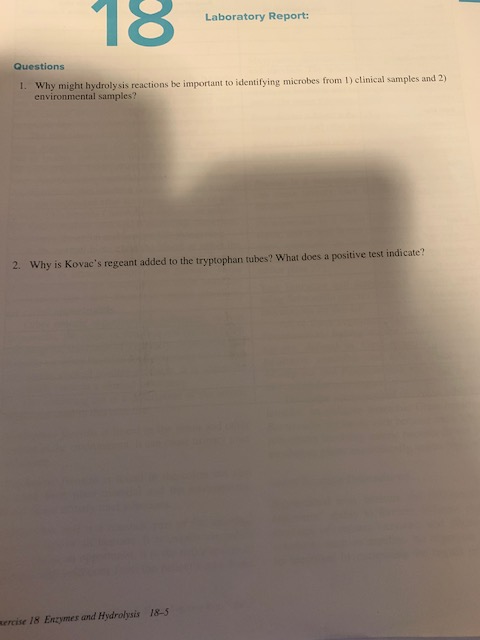 18. Laboratory Report: Questions 1. Why might hydrolysis reactions be important to identifying microbes from 1) clinical samp
