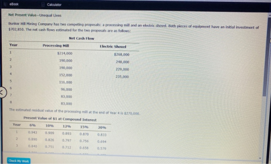 eBook Calculator Net Present Value-Unequal Lives Bunker Hill Mining Company has two competing proposals: a processing mil and