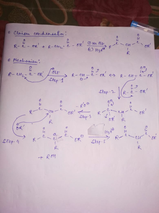 1. Claisen condensation! R & R-che Na OEN WH20 0 Mechanism re R-CH₂-a-OR Lour R-CH -e- oR o R-CH=e-or Step osa TR- - Roo Ste
