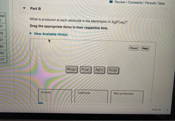 Review Constants 1 Periodic Table Part B tial What is produced at each electrode in the electrolysis of AgF(aq)? Drag the app