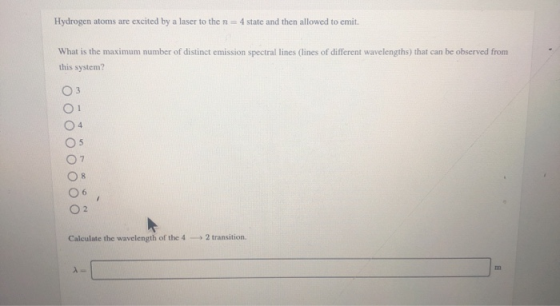 Hydrogen atoms are excited by a laser to the state and then allowed to emit. What is the maximum number of distinct emission