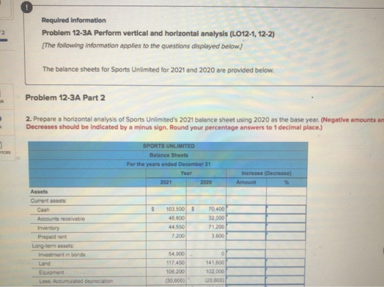 Required information 2 Problem 12-3A Perform vertical and horizontal analysis (LO12-1, 12-2) The following information applie