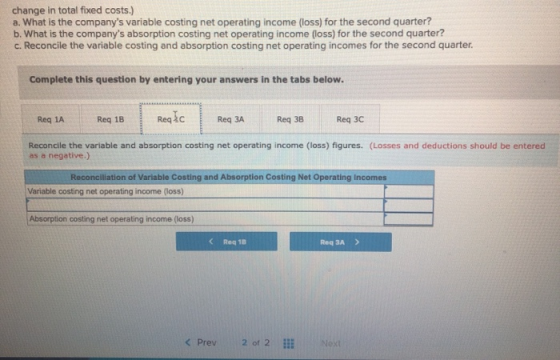 change in total fixed costs.) a. What is the companys variable costing net operating income (loss) for the second quarter? b