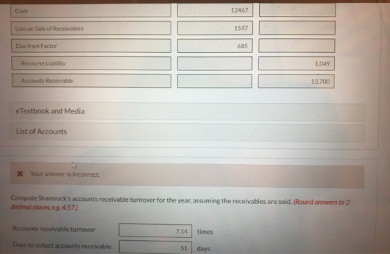 Cash 12467 Loss on Sale of Receivables 1597 Due from Factor 685 Recourse Liability 1,049 Accounts Receivable 13.700 e Textboo
