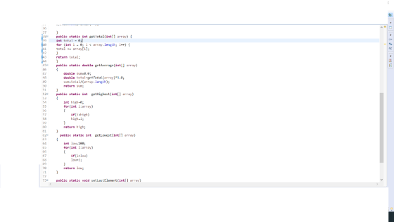 13388 public static int getlotal(int[] array) { int total - 0:1 for (int i - ; i < array.length; i++) { total arrayfil: 140 4