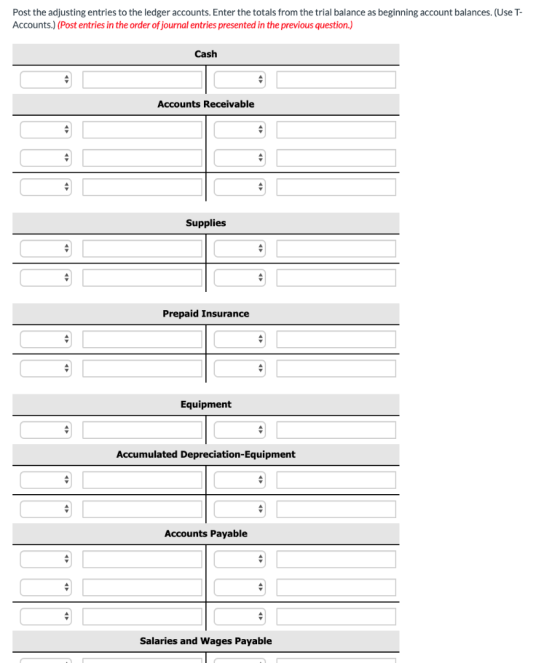 Post the adjusting entries to the ledger accounts. Enter the totals from the trial balance as beginning account balances. (Us