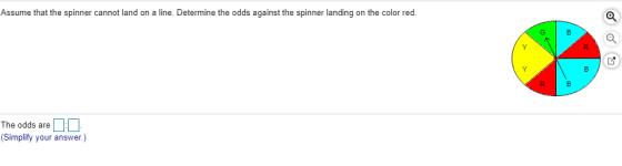 Assume that the spinner cannot land on a line. Determine the odds against the spinner landing on the color red. B 3 B R B The