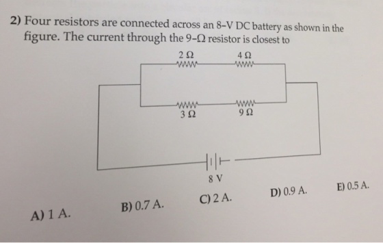 2) Four resistors are connected across an 8-V DC b