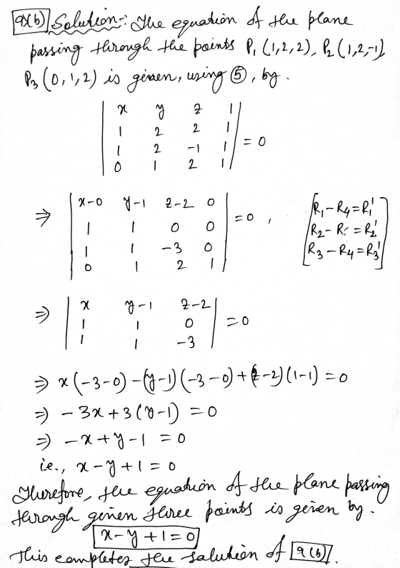 |9x1). Solution. The equation of the plane passing through the points P, (1,2,2), p (1,2,1) Pa (0,1,2) is given, using 6, by.