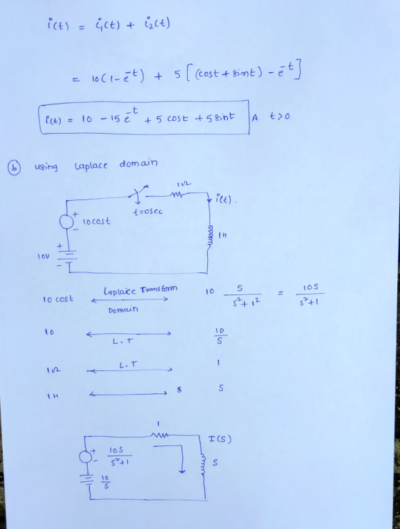 ict) = {(t) + {{Ct) = locinét) + 5 [(cost + simt) -ět] ict) 15 + 5 COSE +56int А too using Laplace domain To 7 ilt) t=osec lo
