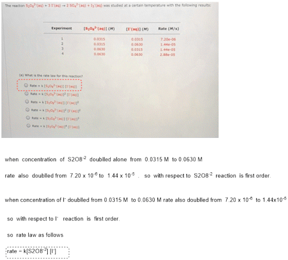 31(aa ) 2 So2(aq) +13(aa) was studied at a certain temperature-with the follewing results: The reaction S20g2aq) [S202(aq)] (